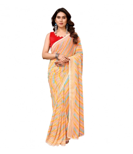 Generic Women's Small Lace Georgette Striped Ready-to-Wear Saree With Unstitched Blouse 5.5 Mtr (Yellow)