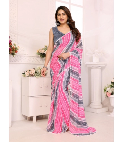 Generic Women's Small Lace Georgette Striped Ready-to-Wear Saree With Unstitched Blouse 5.5 Mtr (Grey)