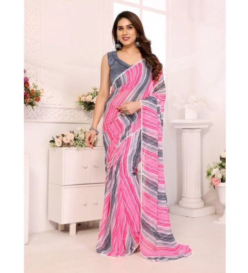 Generic Women's Small Lace Georgette Striped Ready-to-Wear Saree With Unstitched Blouse 5.5 Mtr (Grey)