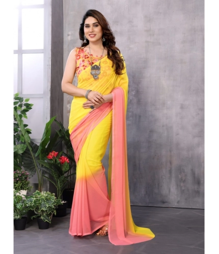 Generic Women's Small Lace Georgette Solid Ready-to-Wear Saree With Unstitched Blouse 5.5 Mtr (Pink-Yellow)