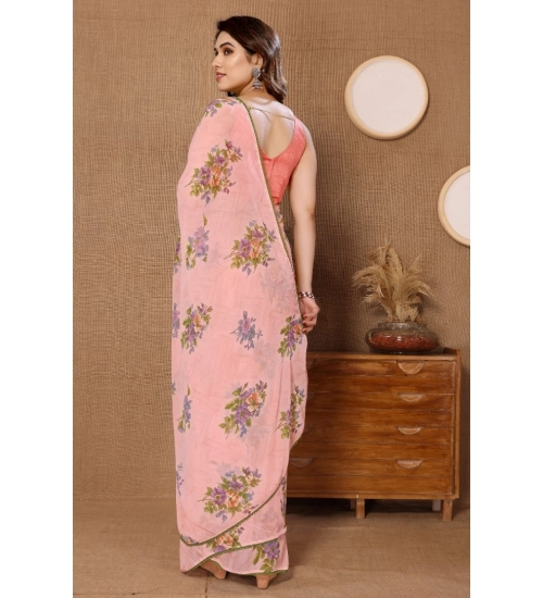 Generic Women's Small Lace Georgette Printed Ready-to-Wear Saree With Unstitched Blouse 5.5 Mtr (Peach)