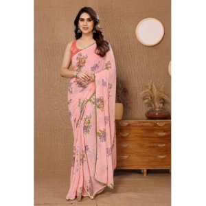 Generic Women's Small Lace Georgette Printed Ready-to-Wear Saree With Unstitched Blouse 5.5 Mtr (Peach)