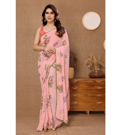 Generic Women's Small Lace Georgette Printed Ready-to-Wear Saree With Unstitched Blouse 5.5 Mtr (Peach)