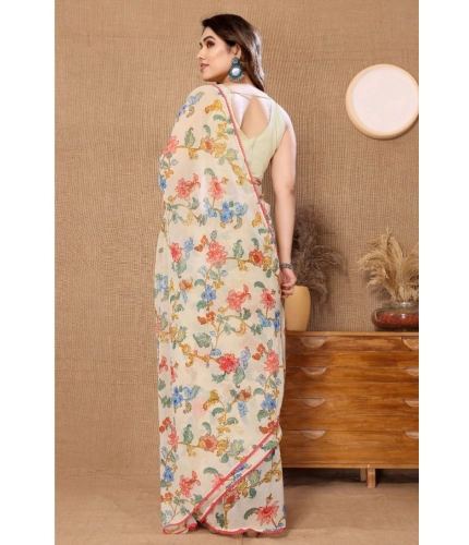 Generic Women's Small Lace Georgette Printed Ready-to-Wear Saree With Unstitched Blouse 5.5 Mtr (Off White)