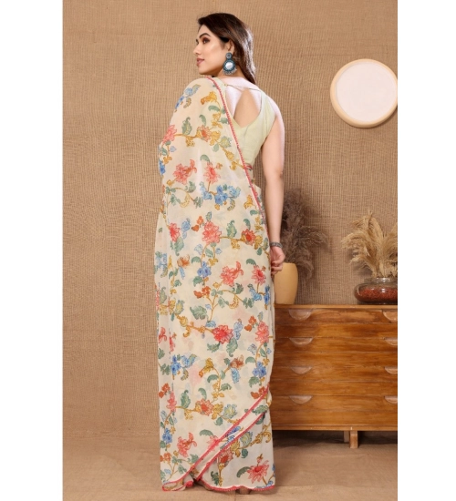 Generic Women's Small Lace Georgette Printed Ready-to-Wear Saree With Unstitched Blouse 5.5 Mtr (Off White)