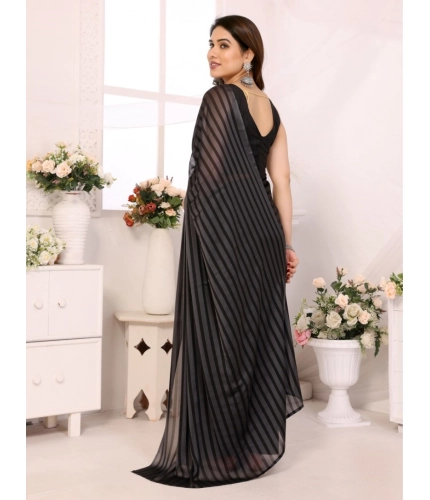 Generic Women's  Black Berry Striped Ready-to-Wear Saree With Unstitched Blouse 5.5 Mtr (Grey-Black)