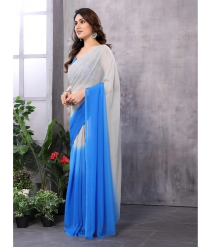 Generic Women's Small Lace Georgette Solid Ready-to-Wear Saree With Unstitched Blouse 5.5 Mtr (Grey-Blue)