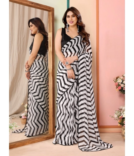 Generic Women's Small Lace Georgette Striped Ready-to-Wear Saree With Unstitched Blouse 5.5 Mtr (Black)