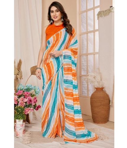 Generic Women's Small Lace Georgette Striped Ready-to-Wear Saree With Unstitched Blouse 5.5 Mtr (Multicolor)