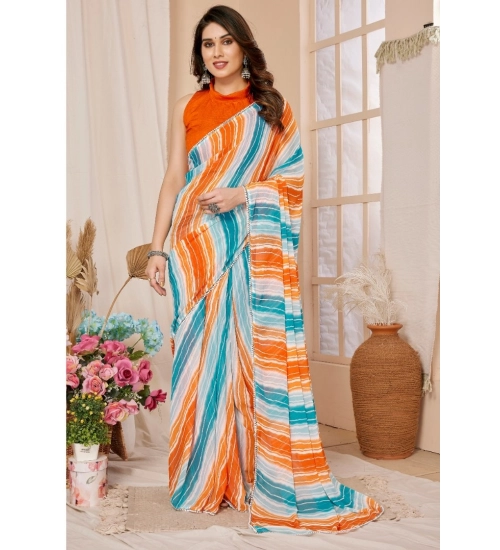 Generic Women's Small Lace Georgette Striped Ready-to-Wear Saree With Unstitched Blouse 5.5 Mtr (Multicolor)