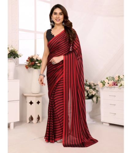 Generic Women's  Black Berry Striped Ready-to-Wear Saree With Unstitched Blouse 5.5 Mtr (Red-Black)
