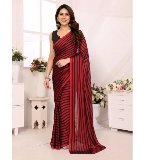 Generic Women's  Black Berry Striped Ready-to-Wear Saree With Unstitched Blouse 5.5 Mtr (Red-Black)