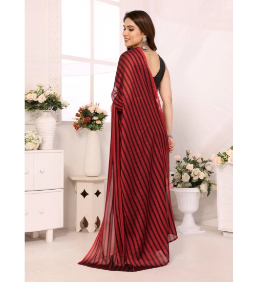 Generic Women's  Black Berry Striped Ready-to-Wear Saree With Unstitched Blouse 5.5 Mtr (Red-Black)