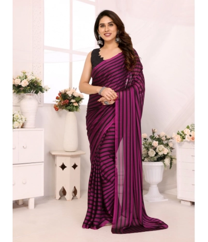 Generic Women's  Black Berry Striped Ready-to-Wear Saree With Unstitched Blouse 5.5 Mtr (Purple-Black)