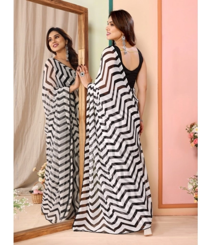 Generic Women's Small Lace Georgette Striped Ready-to-Wear Saree With Unstitched Blouse 5.5 Mtr (Black)