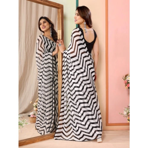 Women's Small Lace Georgette Striped Ready-to-Wear Saree With Unstitched Blouse 5.5 Mtr (Black)