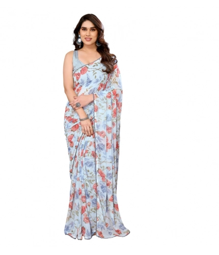 Generic Women's Small Lace Georgette Printed Ready-to-Wear Saree With Unstitched Blouse 5.5 Mtr (Sky Blue)