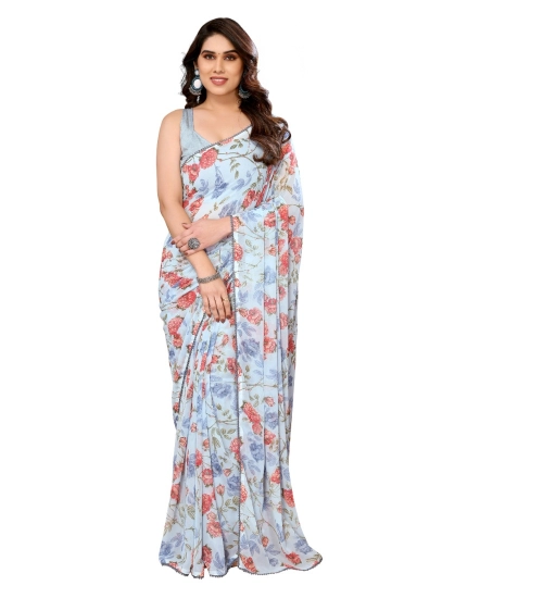 Generic Women's Small Lace Georgette Printed Ready-to-Wear Saree With Unstitched Blouse 5.5 Mtr (Sky Blue)