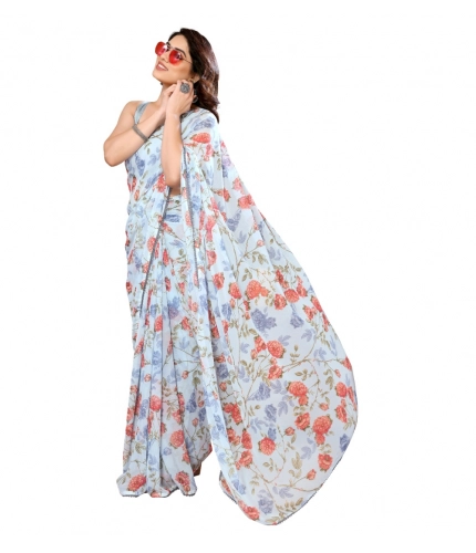 Generic Women's Small Lace Georgette Printed Ready-to-Wear Saree With Unstitched Blouse 5.5 Mtr (Sky Blue)
