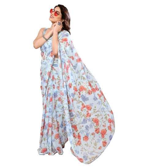 Generic Women's Small Lace Georgette Printed Ready-to-Wear Saree With Unstitched Blouse 5.5 Mtr (Sky Blue)