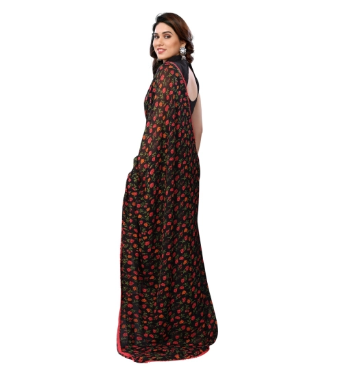 Generic Women's Small Lace Georgette Printed Ready-to-Wear Saree With Unstitched Blouse 5.5 Mtr (Black)