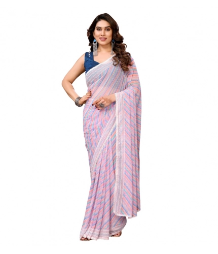 Generic Women's Small Lace Georgette Striped Ready-to-Wear Saree With Unstitched Blouse 5.5 Mtr (Purple)