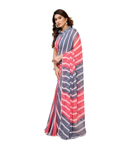 Generic Women's Small Lace Georgette Striped Ready-to-Wear Saree With Unstitched Blouse 5.5 Mtr (Pink)