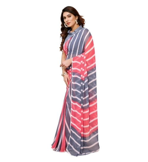 Generic Women's Small Lace Georgette Striped Ready-to-Wear Saree With Unstitched Blouse 5.5 Mtr (Pink)