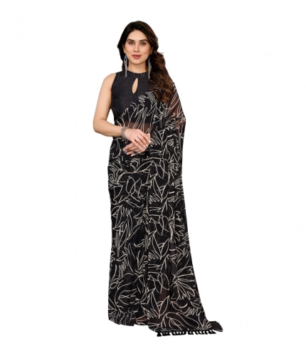 Generic Women's Zalar Lace Georgette Printed Ready-to-Wear Saree With Unstitched Blouse 5.5 Mtr (Black)