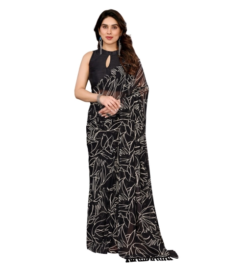 Generic Women's Zalar Lace Georgette Printed Ready-to-Wear Saree With Unstitched Blouse 5.5 Mtr (Black)