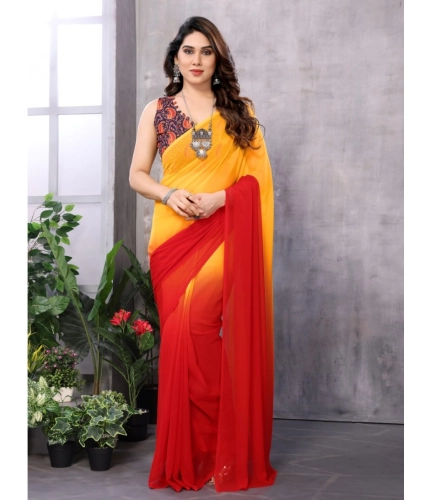 Generic Women's Small Lace Georgette Solid Ready-to-Wear Saree With Unstitched Blouse 5.5 Mtr (Red-Orange)
