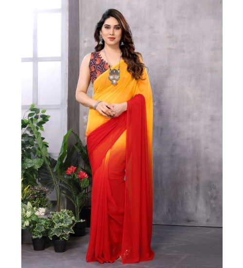 Generic Women's Small Lace Georgette Solid Ready-to-Wear Saree With Unstitched Blouse 5.5 Mtr (Red-Orange)