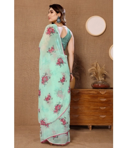 Generic Women's Small Lace Georgette Printed Ready-to-Wear Saree With Unstitched Blouse 5.5 Mtr (Turquoise)