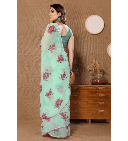 Generic Women's Small Lace Georgette Printed Ready-to-Wear Saree With Unstitched Blouse 5.5 Mtr (Turquoise)