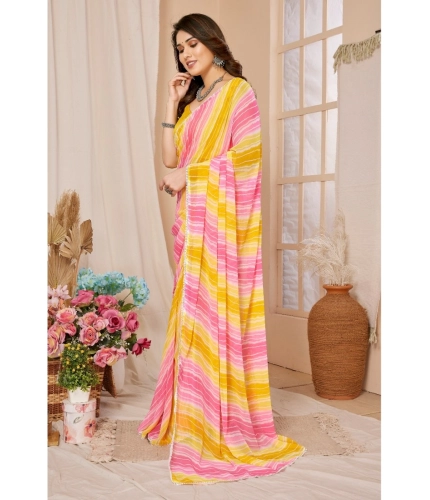 Generic Women's Small Lace Georgette Striped Ready-to-Wear Saree With Unstitched Blouse 5.5 Mtr (Yellow-Pink)