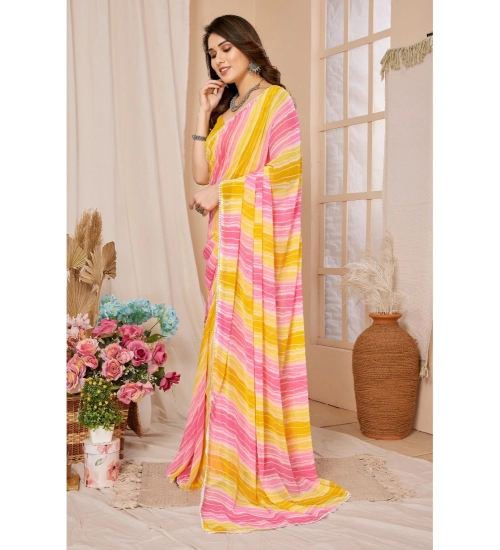 Generic Women's Small Lace Georgette Striped Ready-to-Wear Saree With Unstitched Blouse 5.5 Mtr (Yellow-Pink)