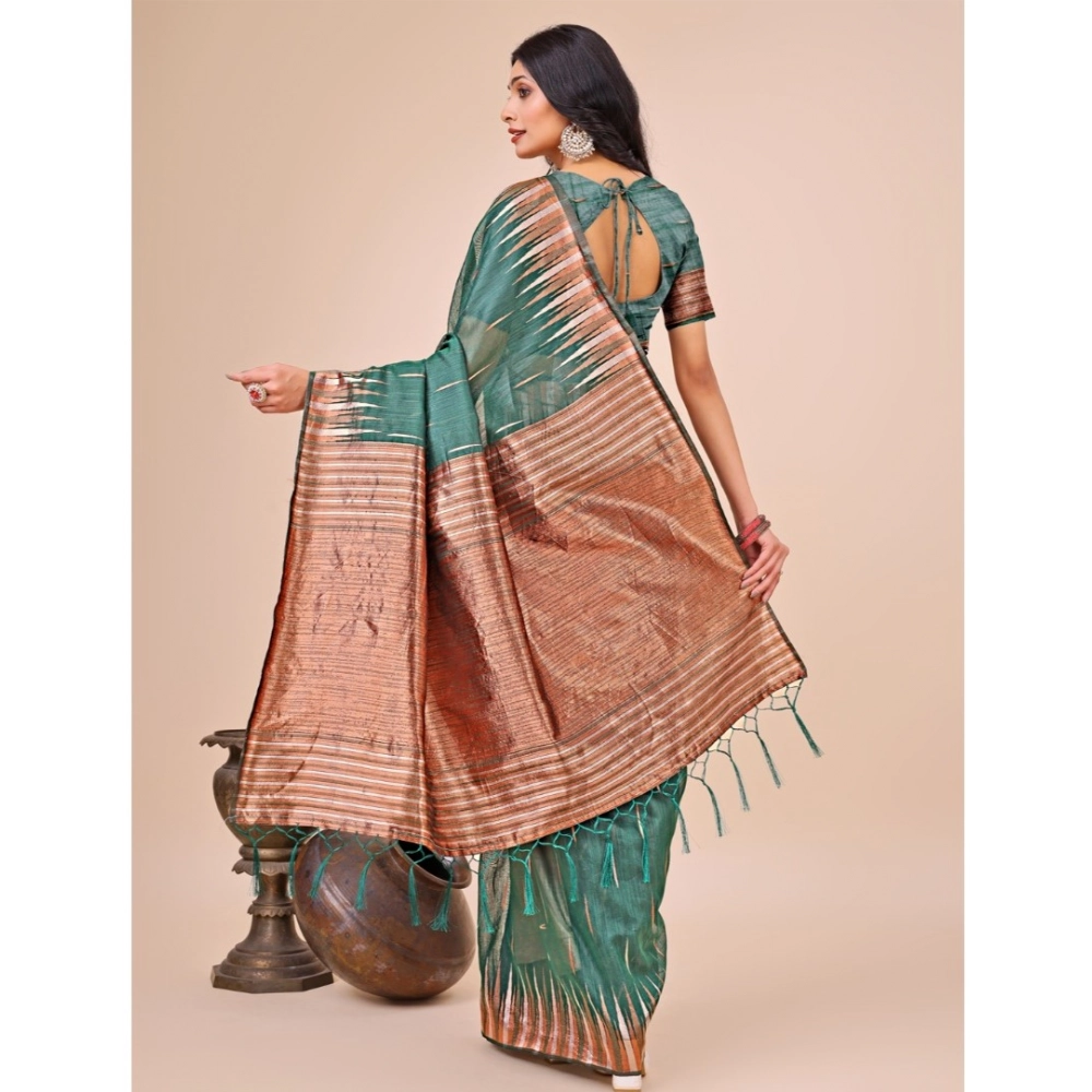 Generic Women's Linen Cotton Wevon Jacquard Saree With Unstitched Blouse 5.5Mtr (Green)