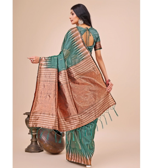 Generic Women's Linen Cotton Wevon Jacquard Saree With Unstitched Blouse 5.5Mtr (Green)