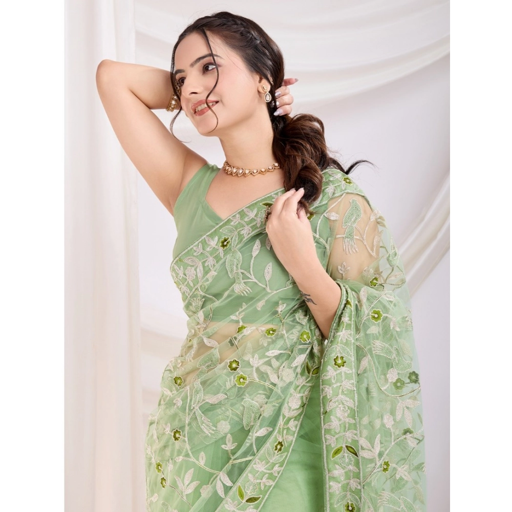 Generic Women's Soft Net Thread Embroidery Saree With Unstitched Blouse 5.5Mtr (Pista) Generic Women's Soft Net Thread Embroidery Saree With Unstitched Blouse 5.5Mtr (Pista)