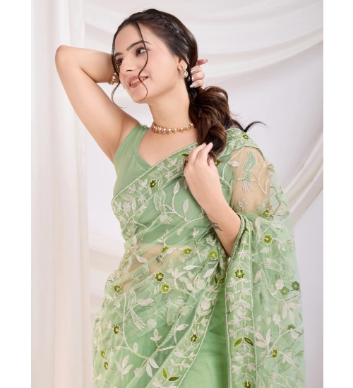 Generic Women's Soft Net Thread Embroidery Saree With Unstitched Blouse 5.5Mtr (Pista)