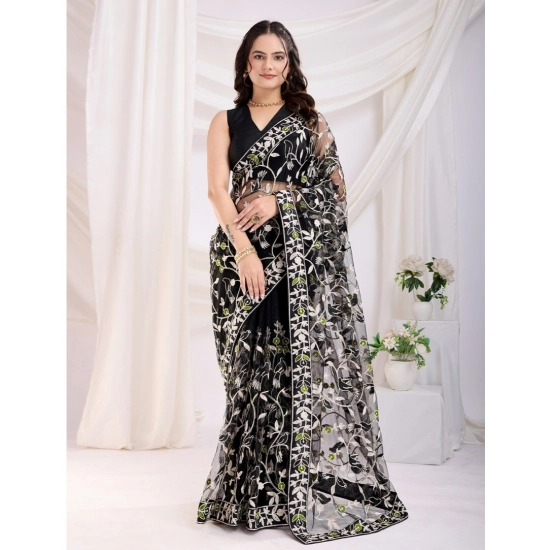Generic Women's Soft Net Thread Embroidery Saree With Unstitched Blouse 5.5Mtr (Black)