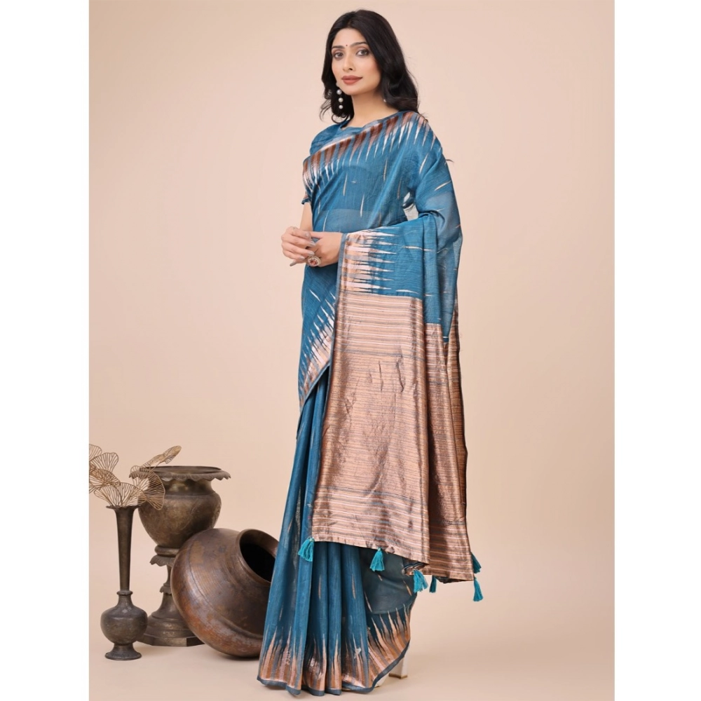 Generic Women's Linen Cotton Wevon Jacquard Saree With Unstitched Blouse 5.5Mtr (Blue)