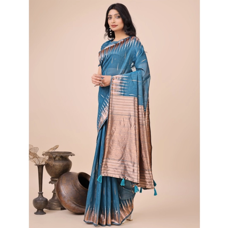 Women's Linen Cotton Wevon Jacquard Saree With Unstitched Blouse 5.5Mtr (Blue)