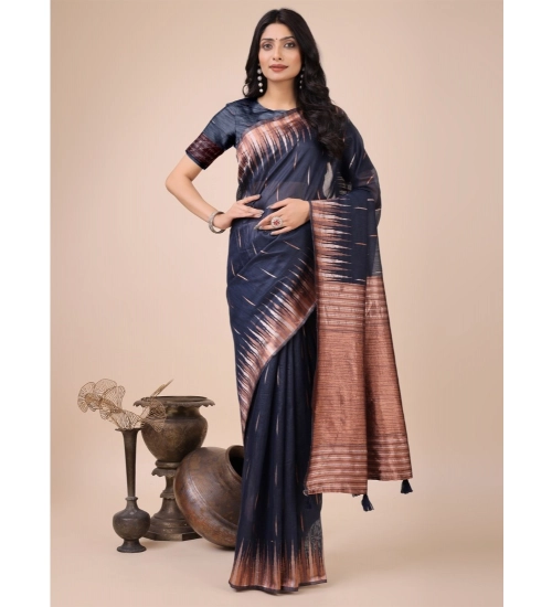 Generic Women's Linen Cotton Wevon Jacquard Saree With Unstitched Blouse 5.5Mtr (Navy Blue)