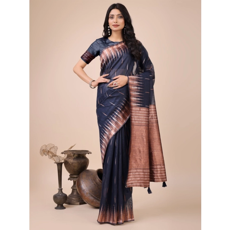 Women's Linen Cotton Wevon Jacquard Saree With Unstitched Blouse 5.5Mtr (Navy Blue) Women's Linen Cotton Wevon Jacquard Saree With Unstitched Blouse 5.5Mtr (Navy Blue)