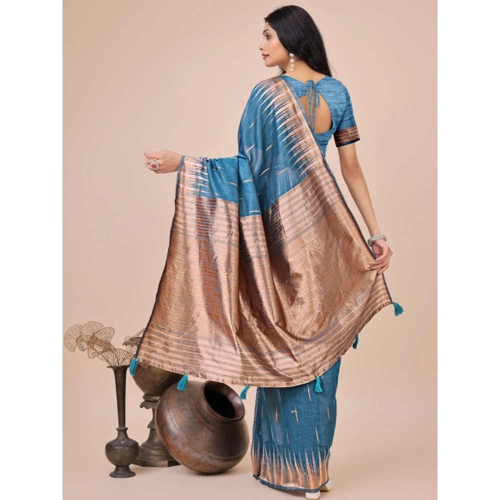 Generic Women's Linen Cotton Wevon Jacquard Saree With Unstitched Blouse 5.5Mtr (Blue)
