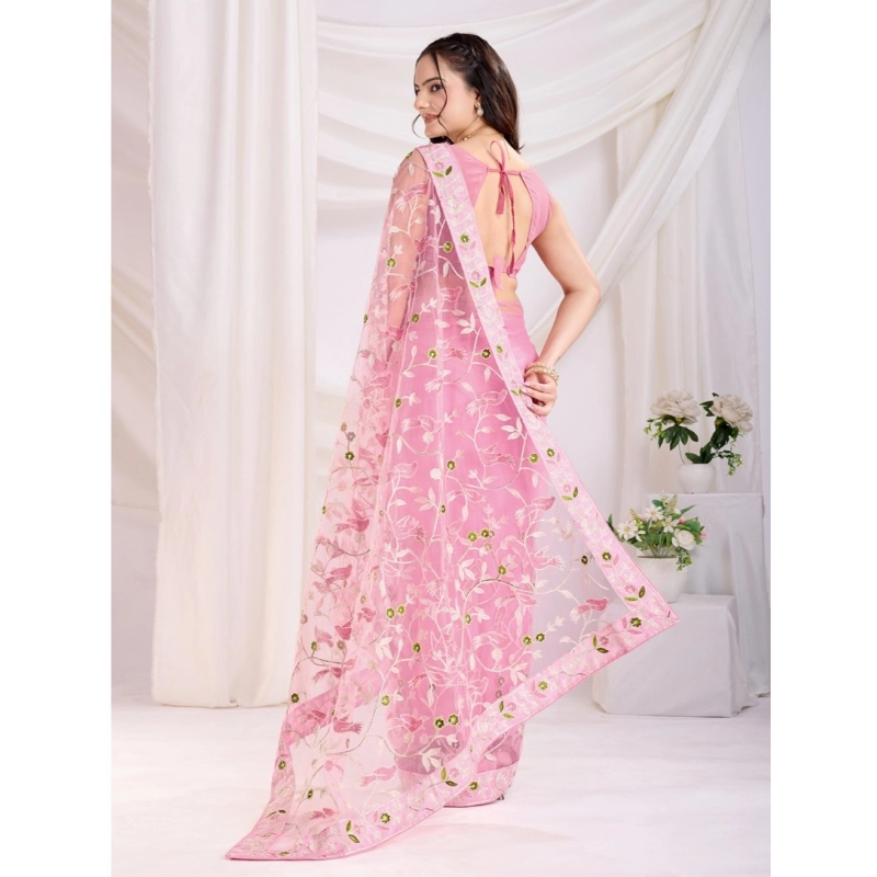 Women's Soft Net Thread Embroidery Saree With Unstitched Blouse 5.5Mtr (Pink) Women's Soft Net Thread Embroidery Saree With Unstitched Blouse 5.5Mtr (Pink)