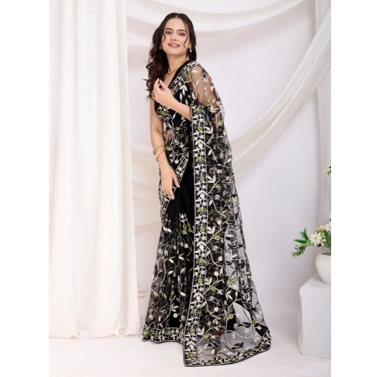 Generic Women's Soft Net Thread Embroidery Saree With Unstitched Blouse 5.5Mtr (Black)