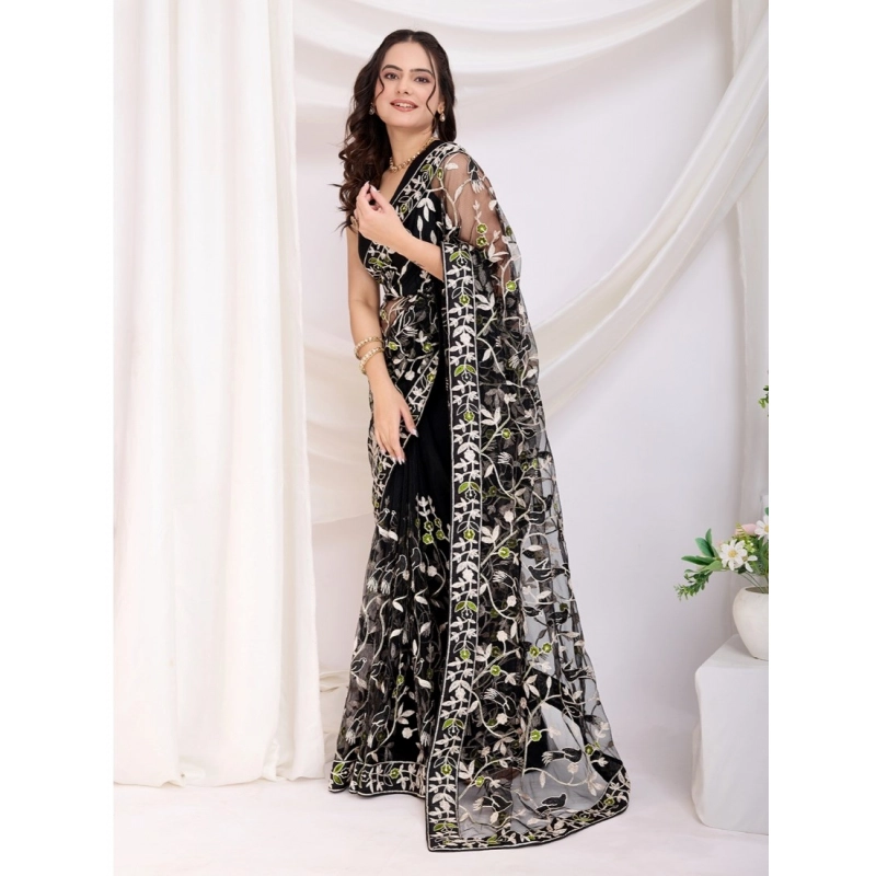 Women's Soft Net Thread Embroidery Saree With Unstitched Blouse 5.5Mtr (Black) Women's Soft Net Thread Embroidery Saree With Unstitched Blouse 5.5Mtr (Black)