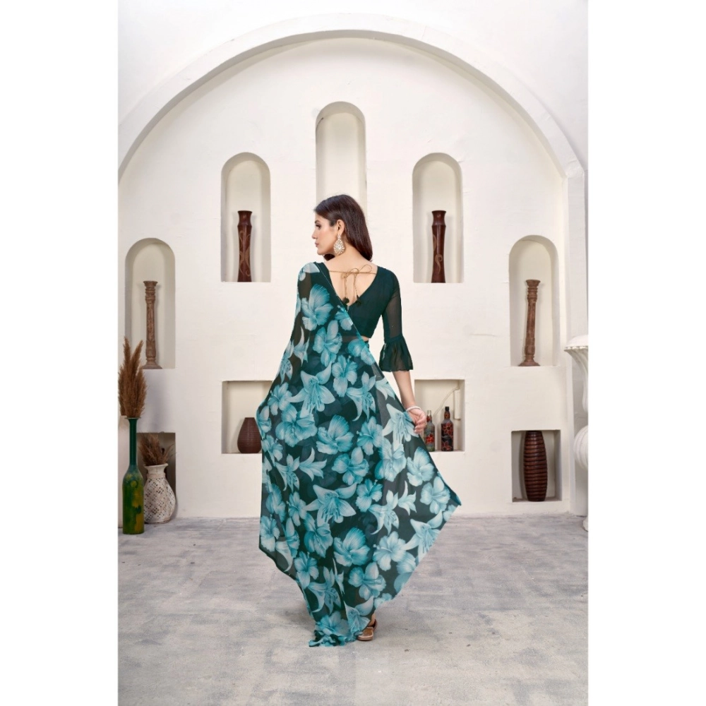 Generic Women's Polyster Printed Saree With Unstitched Blouse 5.5Mtr (Teal)